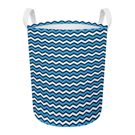 Blue And White Zigzag Pattern Print Round Laundry Basket
