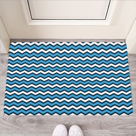 Blue And White Zigzag Pattern Print Rubber Doormat