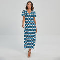 Blue And White Zigzag Pattern Print Short Sleeve Maxi Dress