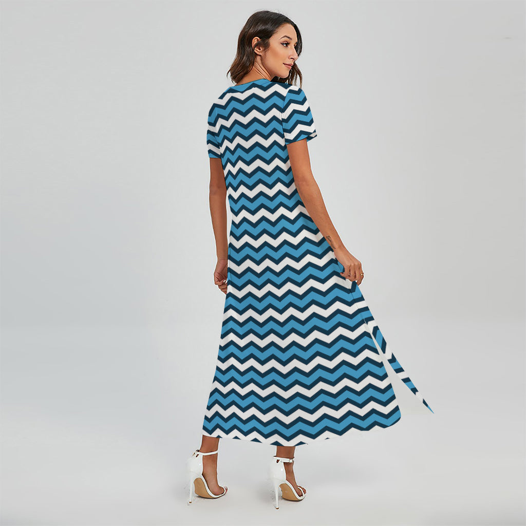 Blue And White Zigzag Pattern Print Short Sleeve Maxi Dress