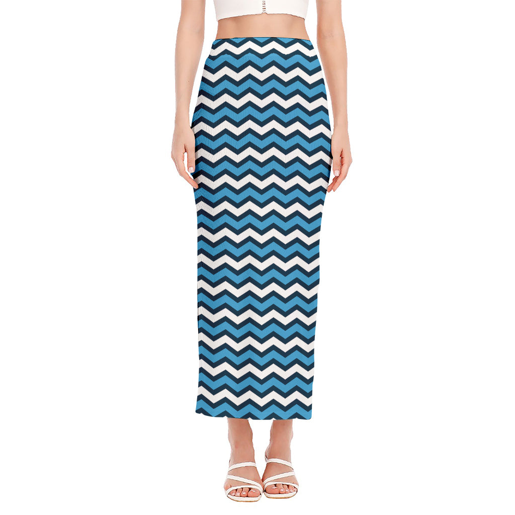 Blue And White Zigzag Pattern Print Side Slit Maxi Skirt