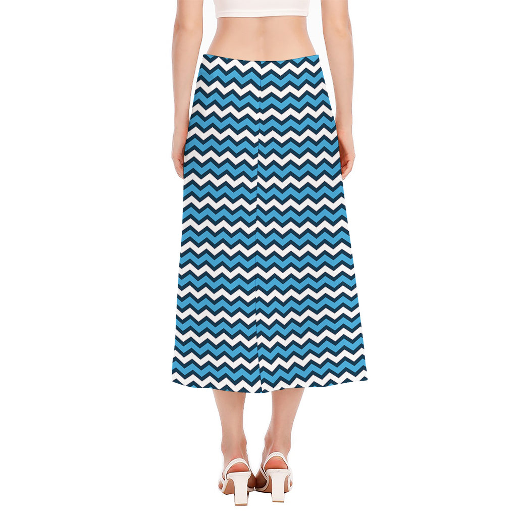 Blue And White Zigzag Pattern Print Side Slit Midi Skirt