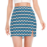Blue And White Zigzag Pattern Print Side Slit Mini Skirt