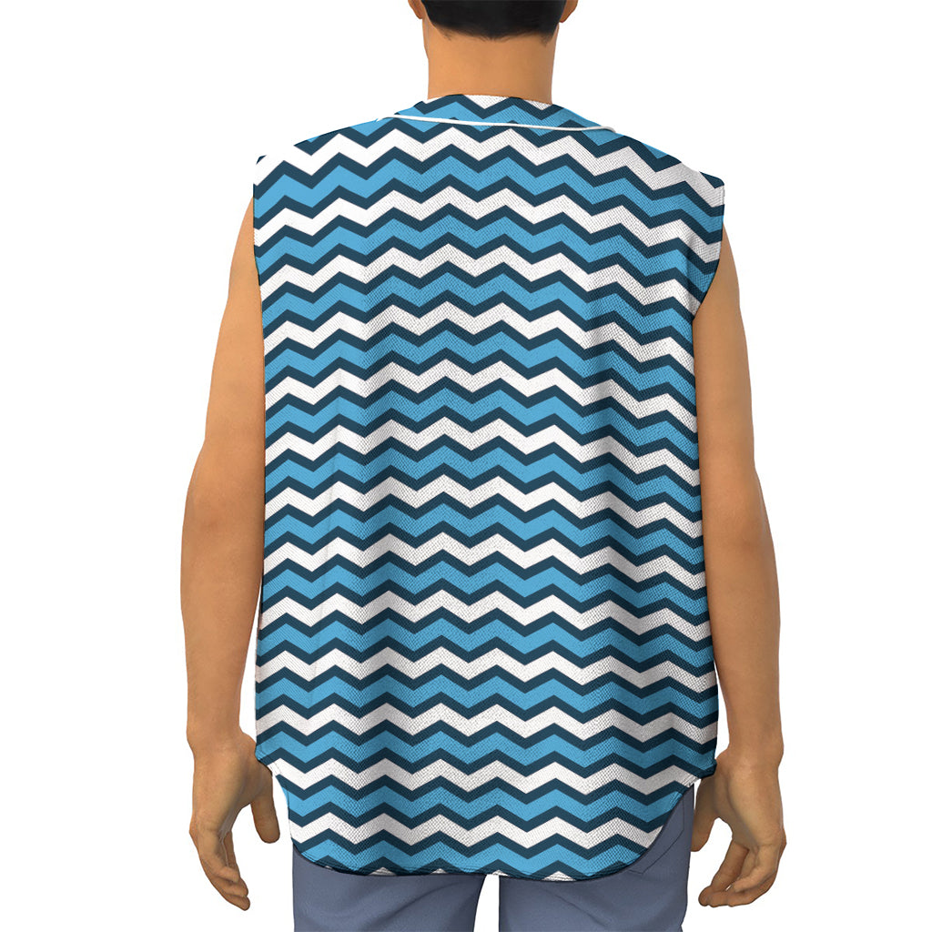 Blue And White Zigzag Pattern Print Sleeveless Baseball Jersey