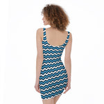 Blue And White Zigzag Pattern Print Sleeveless Bodycon Dress