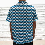 Blue And White Zigzag Pattern Print Textured Short Sleeve Shirt