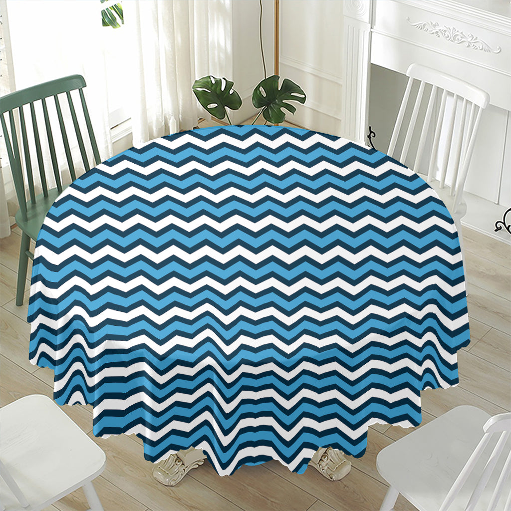 Blue And White Zigzag Pattern Print Waterproof Round Tablecloth