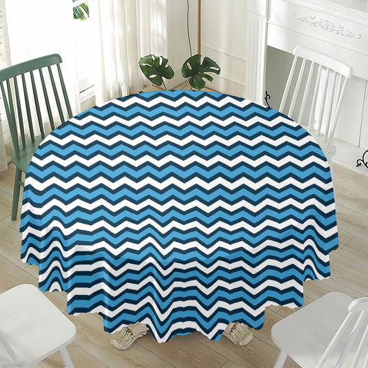 Blue And White Zigzag Pattern Print Waterproof Round Tablecloth