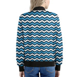 Blue And White Zigzag Pattern Print Women's Bomber Jacket