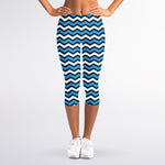 Blue And White Zigzag Pattern Print Women's Capri Leggings