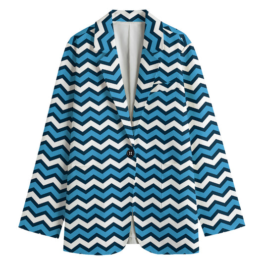 Blue And White Zigzag Pattern Print Women's Cotton Blazer