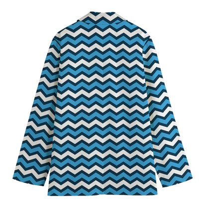Blue And White Zigzag Pattern Print Women's Cotton Blazer