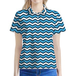 Blue And White Zigzag Pattern Print Women's Polo Shirt