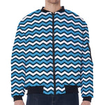 Blue And White Zigzag Pattern Print Zip Sleeve Bomber Jacket