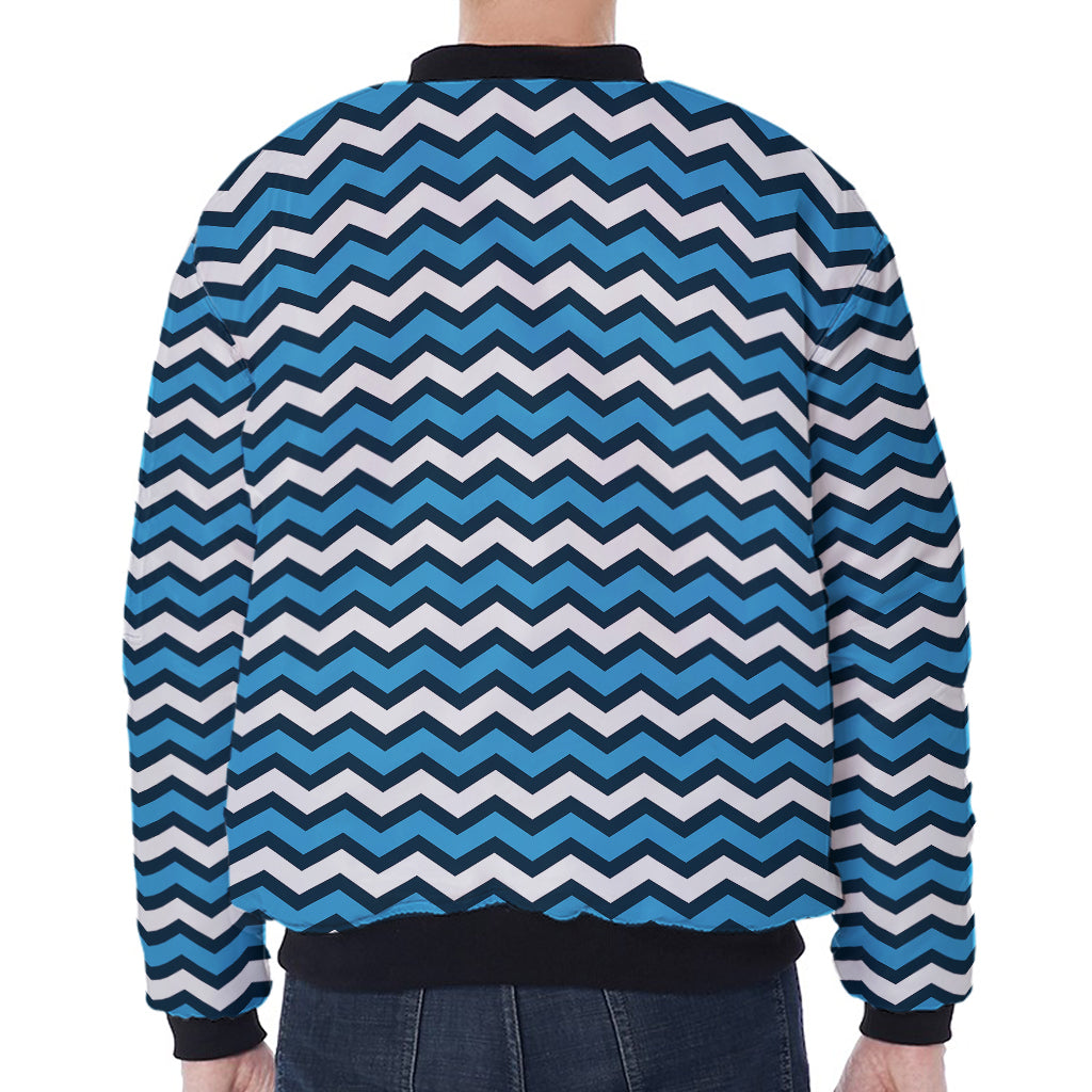 Blue And White Zigzag Pattern Print Zip Sleeve Bomber Jacket