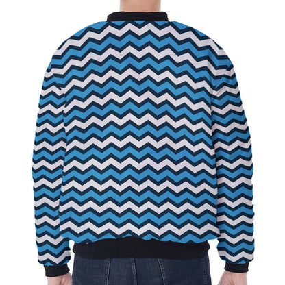 Blue And White Zigzag Pattern Print Zip Sleeve Bomber Jacket