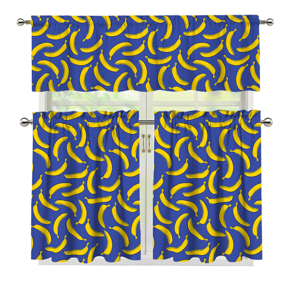 Blue And Yellow Banana Pattern Print 3 Piece Kitchen Curtains