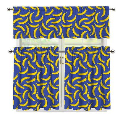 Blue And Yellow Banana Pattern Print 3 Piece Kitchen Curtains
