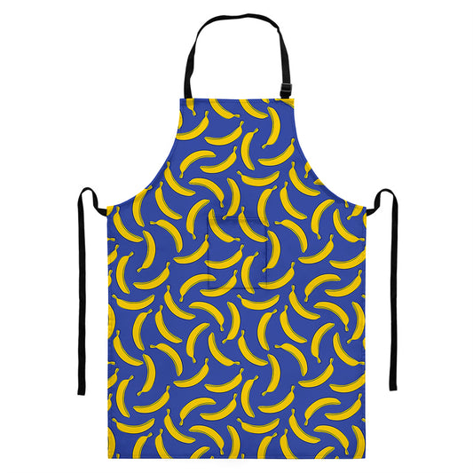 Blue And Yellow Banana Pattern Print Bib Apron With Pocket