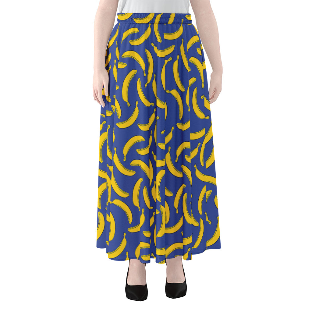 Blue And Yellow Banana Pattern Print Chiffon Maxi Skirt