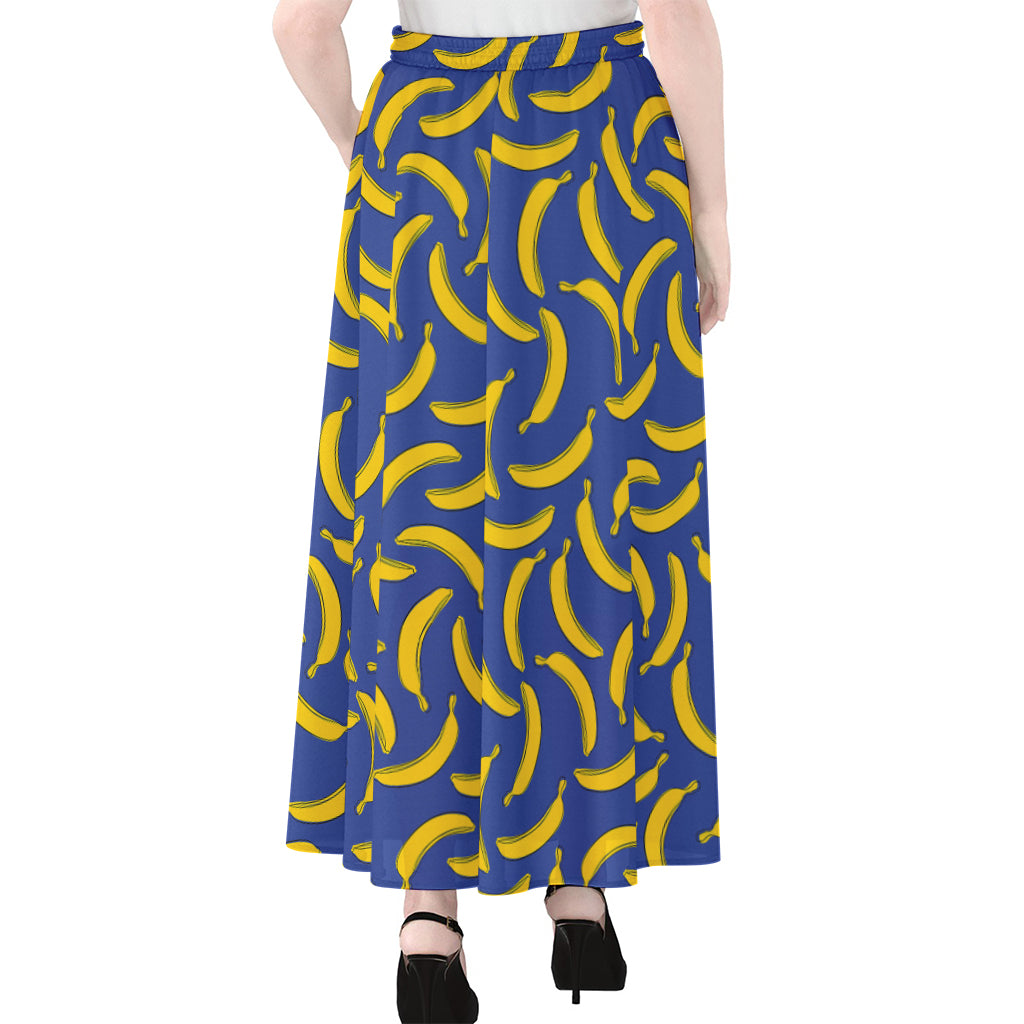 Blue And Yellow Banana Pattern Print Chiffon Maxi Skirt