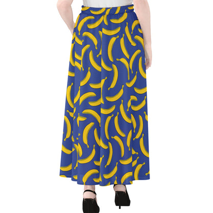 Blue And Yellow Banana Pattern Print Chiffon Maxi Skirt