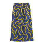 Blue And Yellow Banana Pattern Print Cotton Front Slit Maxi Skirt