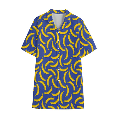 Blue And Yellow Banana Pattern Print Cotton Hawaiian Shirt