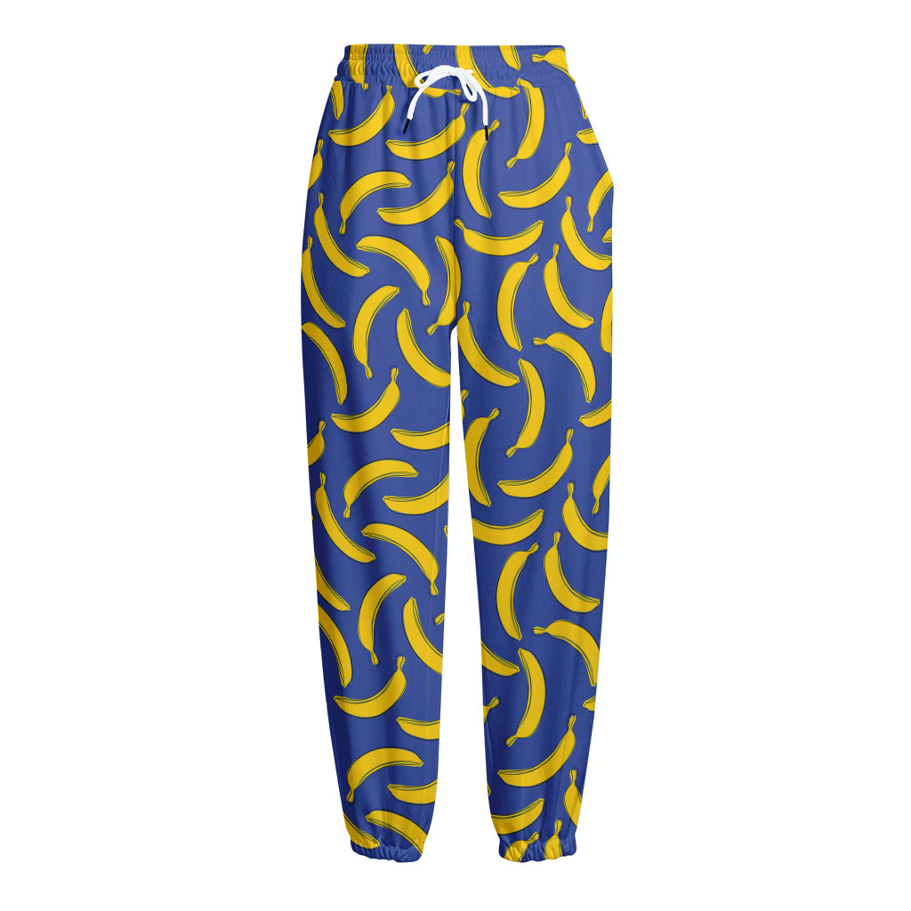 Blue And Yellow Banana Pattern Print Fleece Lined Knit Pants