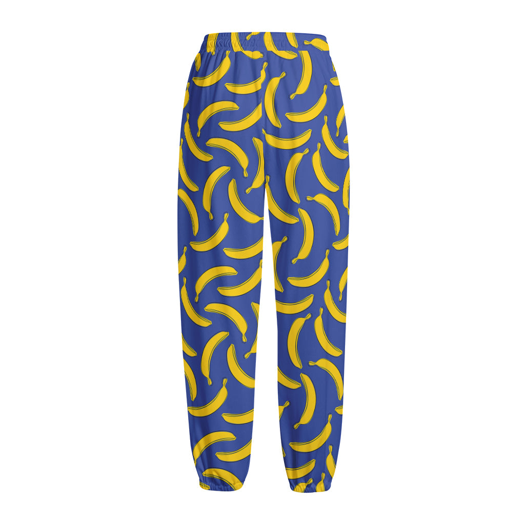 Blue And Yellow Banana Pattern Print Fleece Lined Knit Pants