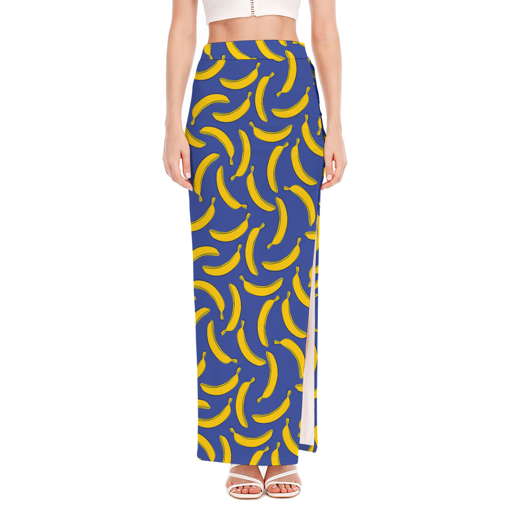 Blue And Yellow Banana Pattern Print High Slit Maxi Skirt