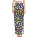 Blue And Yellow Banana Pattern Print High Slit Maxi Skirt