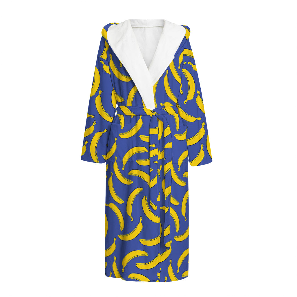 Blue And Yellow Banana Pattern Print Hooded Bathrobe