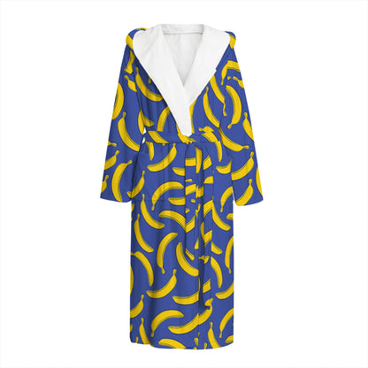 Blue And Yellow Banana Pattern Print Hooded Bathrobe