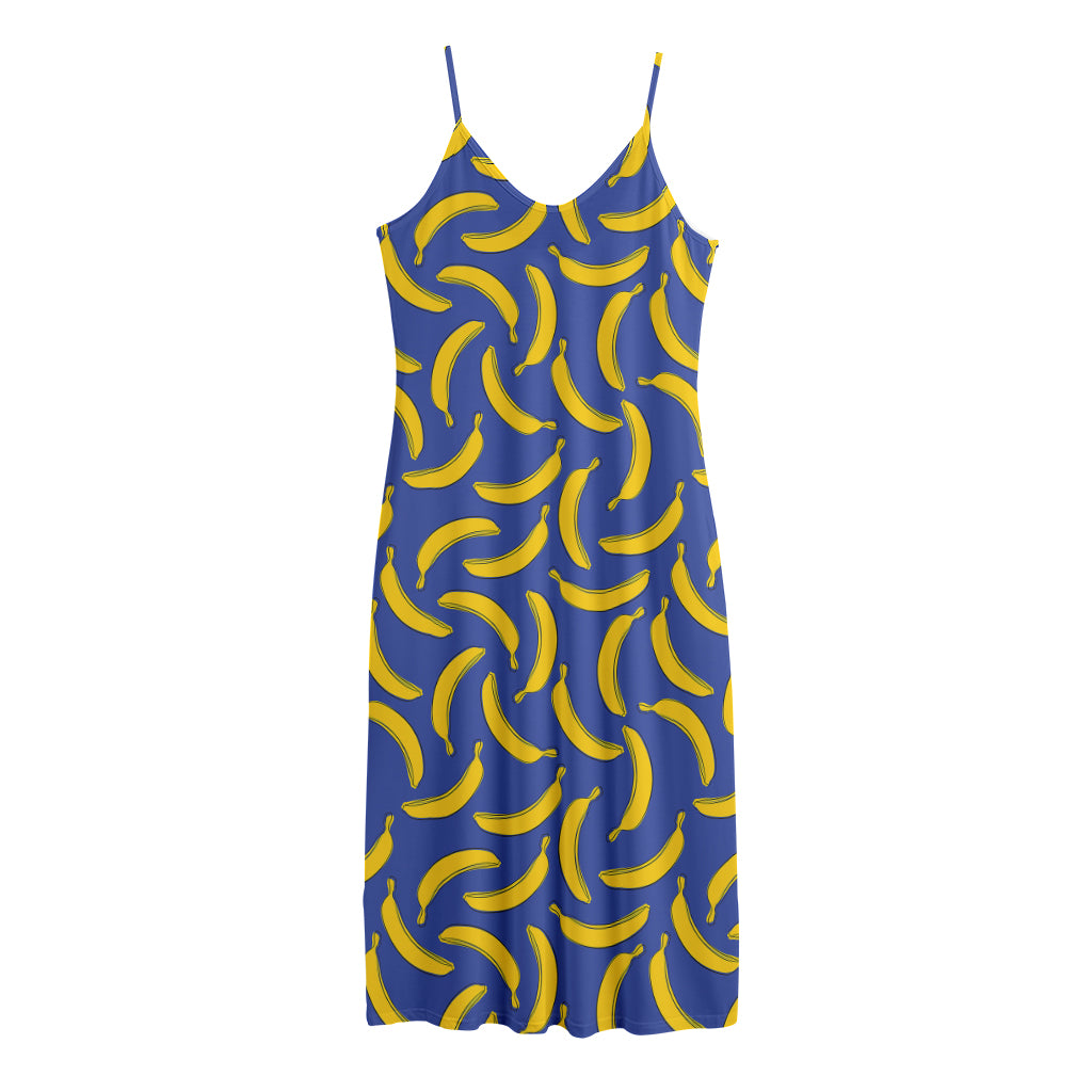 Blue And Yellow Banana Pattern Print Jersey Midi Cami Dress