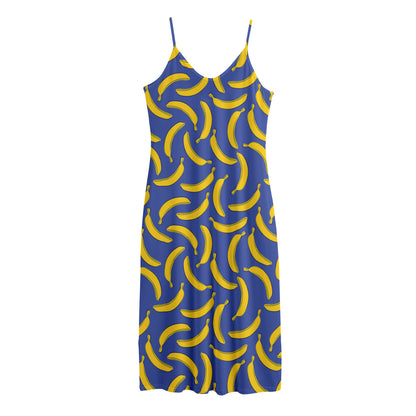 Blue And Yellow Banana Pattern Print Jersey Midi Cami Dress