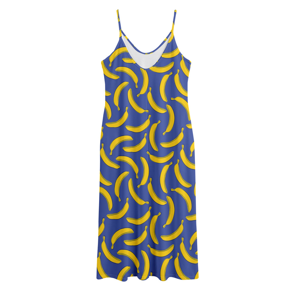 Blue And Yellow Banana Pattern Print Jersey Midi Cami Dress