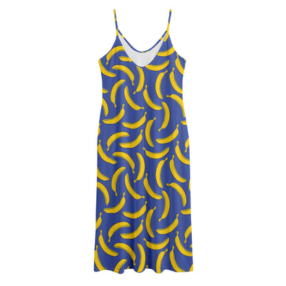 Blue And Yellow Banana Pattern Print Jersey Midi Cami Dress