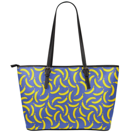 Blue And Yellow Banana Pattern Print Leather Tote Bag