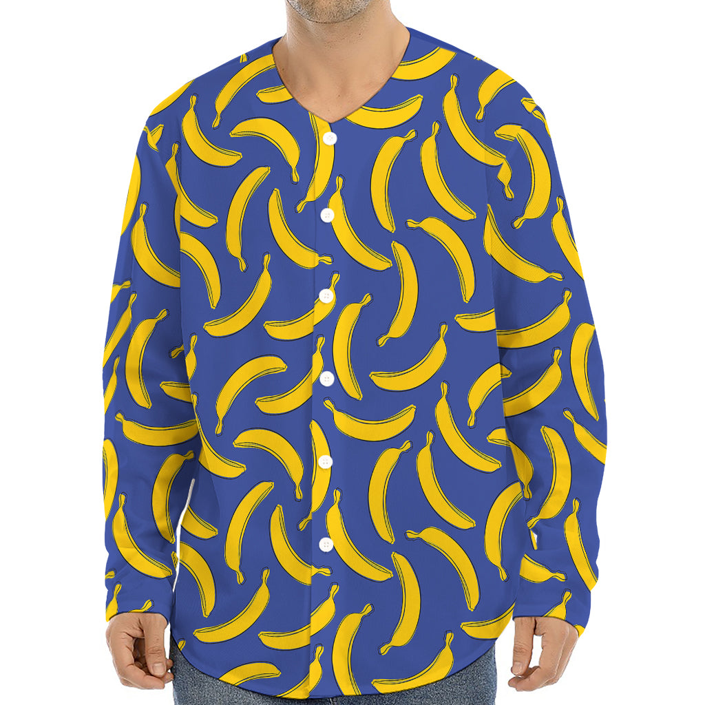 Blue And Yellow Banana Pattern Print Long Sleeve Baseball Jersey