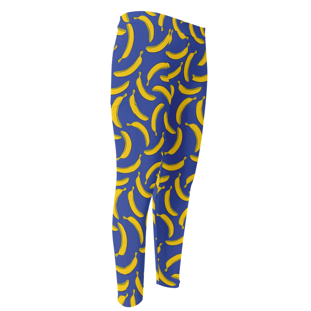 Blue And Yellow Banana Pattern Print Men's Compression Pants