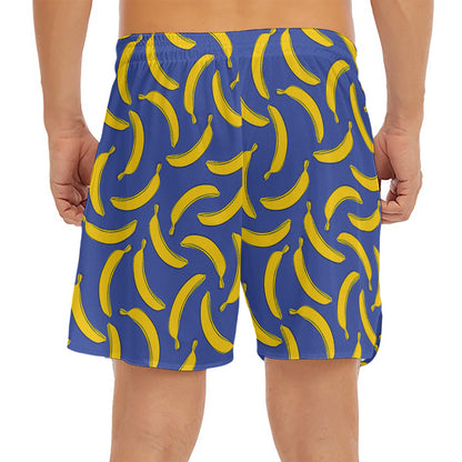 Blue And Yellow Banana Pattern Print Men's Split Running Shorts