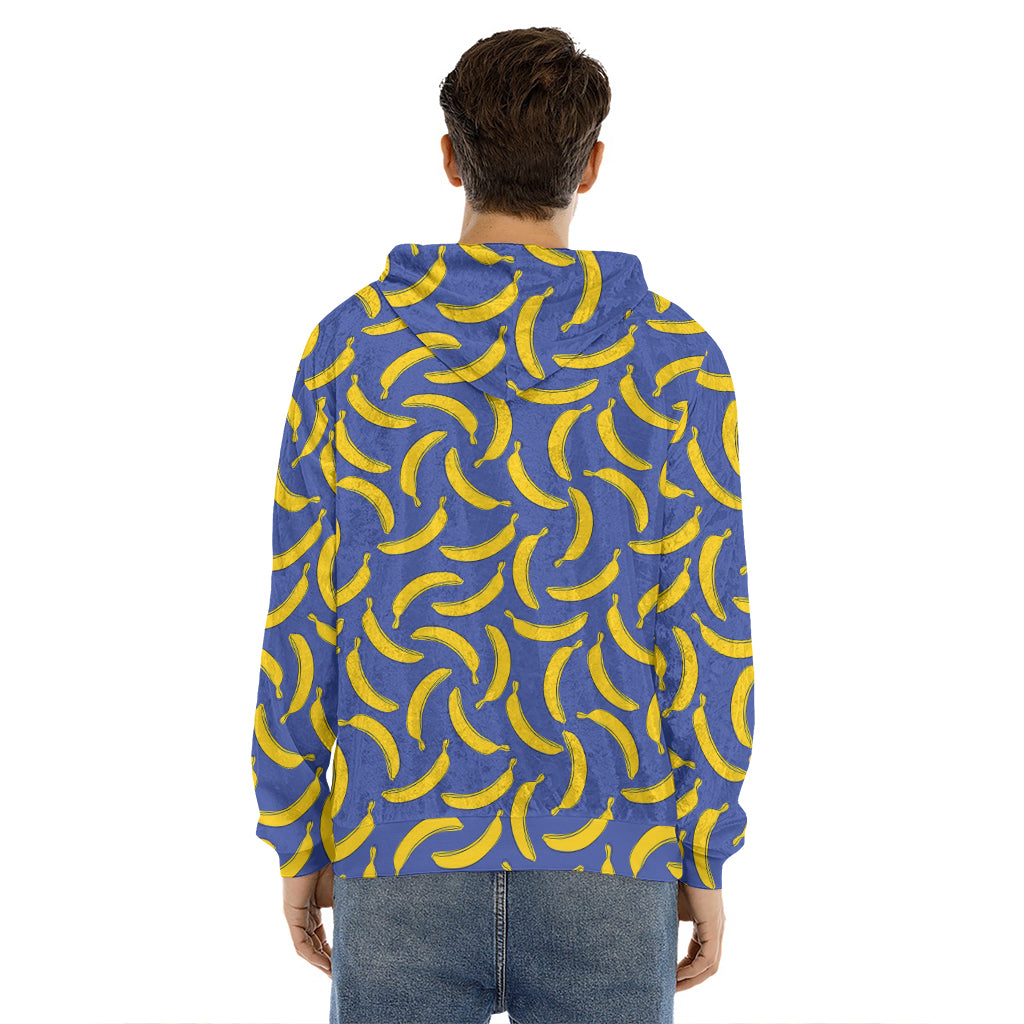Blue And Yellow Banana Pattern Print Men's Velvet Pullover Hoodie