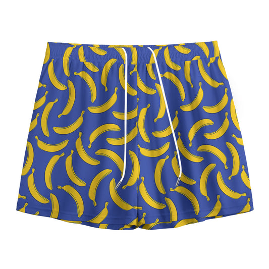 Blue And Yellow Banana Pattern Print Mesh Shorts