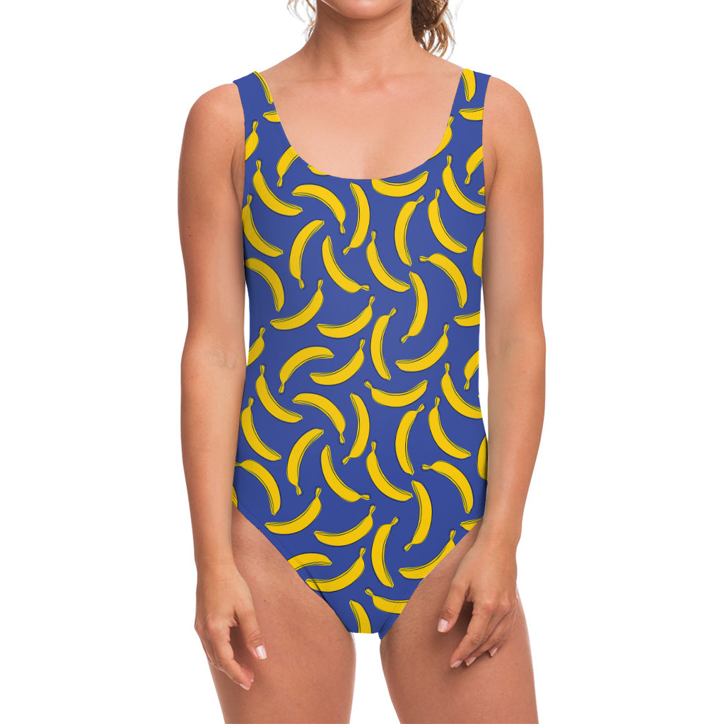 Blue And Yellow Banana Pattern Print One Piece Swimsuit