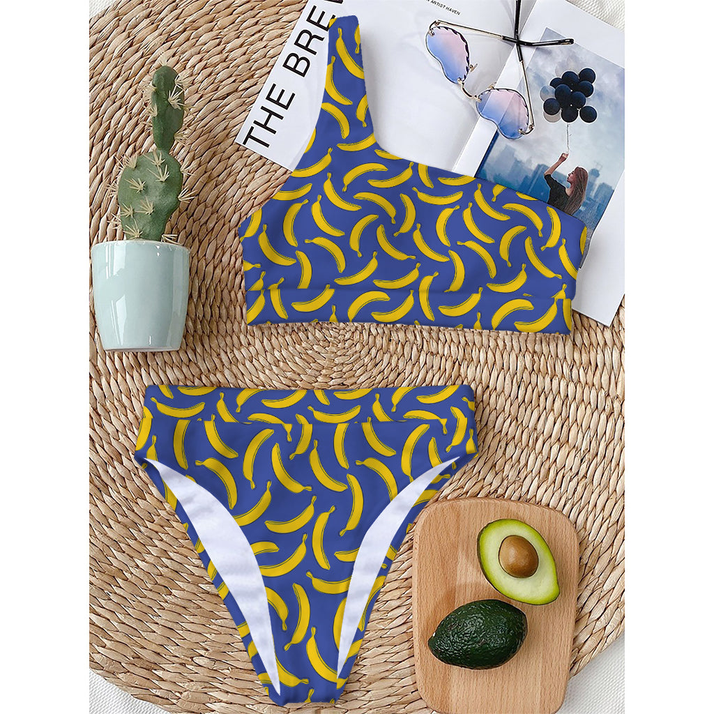 Blue And Yellow Banana Pattern Print One Shoulder Bikini Top