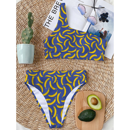 Blue And Yellow Banana Pattern Print One Shoulder Bikini Top