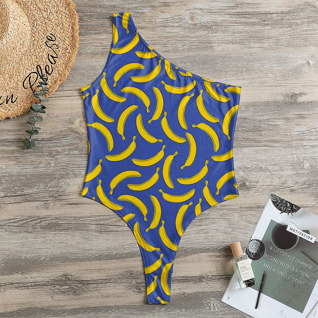 Blue And Yellow Banana Pattern Print One Shoulder Bodysuit
