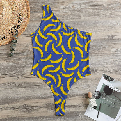 Blue And Yellow Banana Pattern Print One Shoulder Bodysuit