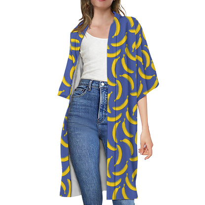 Blue And Yellow Banana Pattern Print Open Front Beach Cover Up
